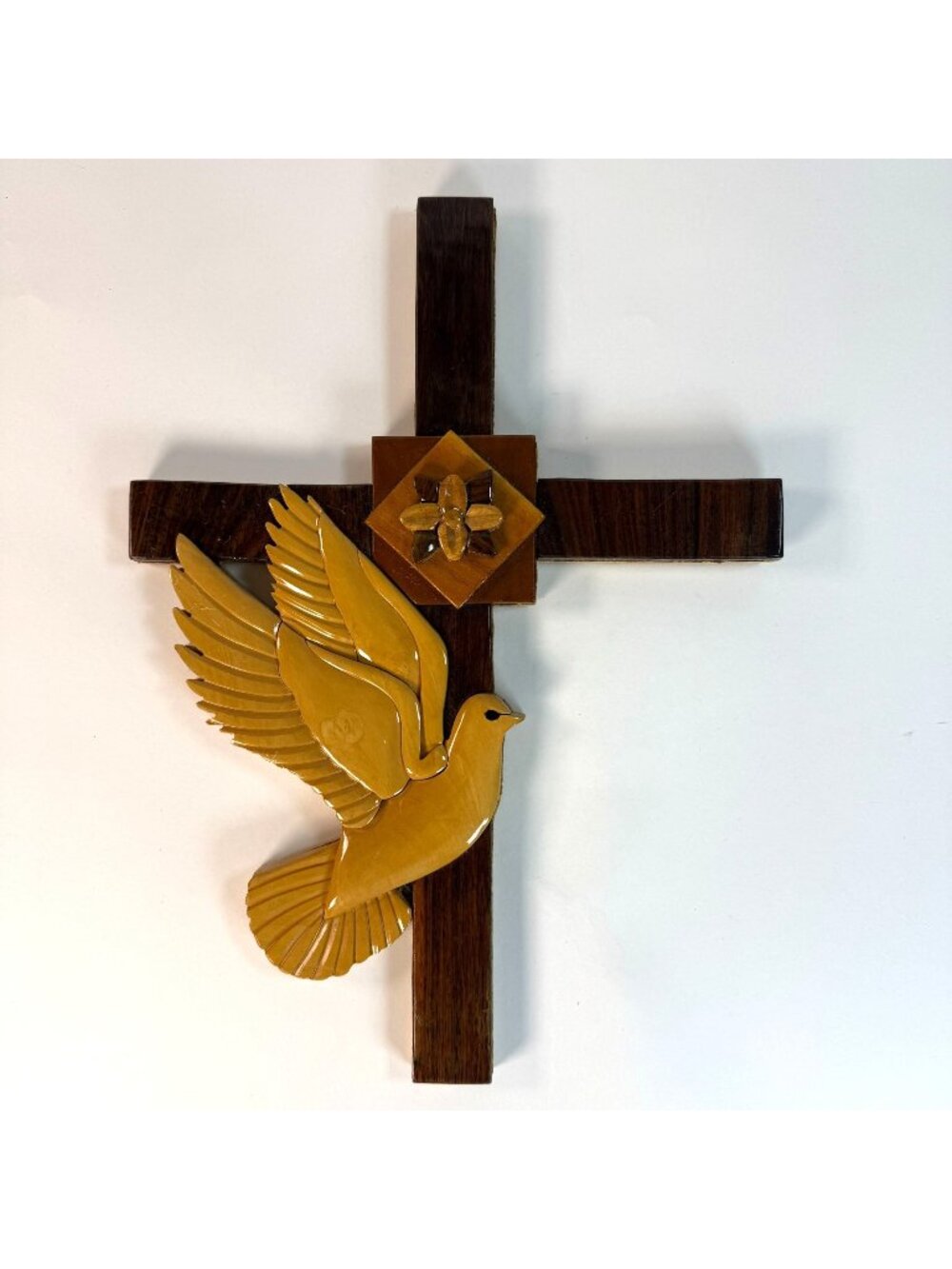 Handcrafted Wood Intarsia Wall Cross With 3D Holy Peace Dove
